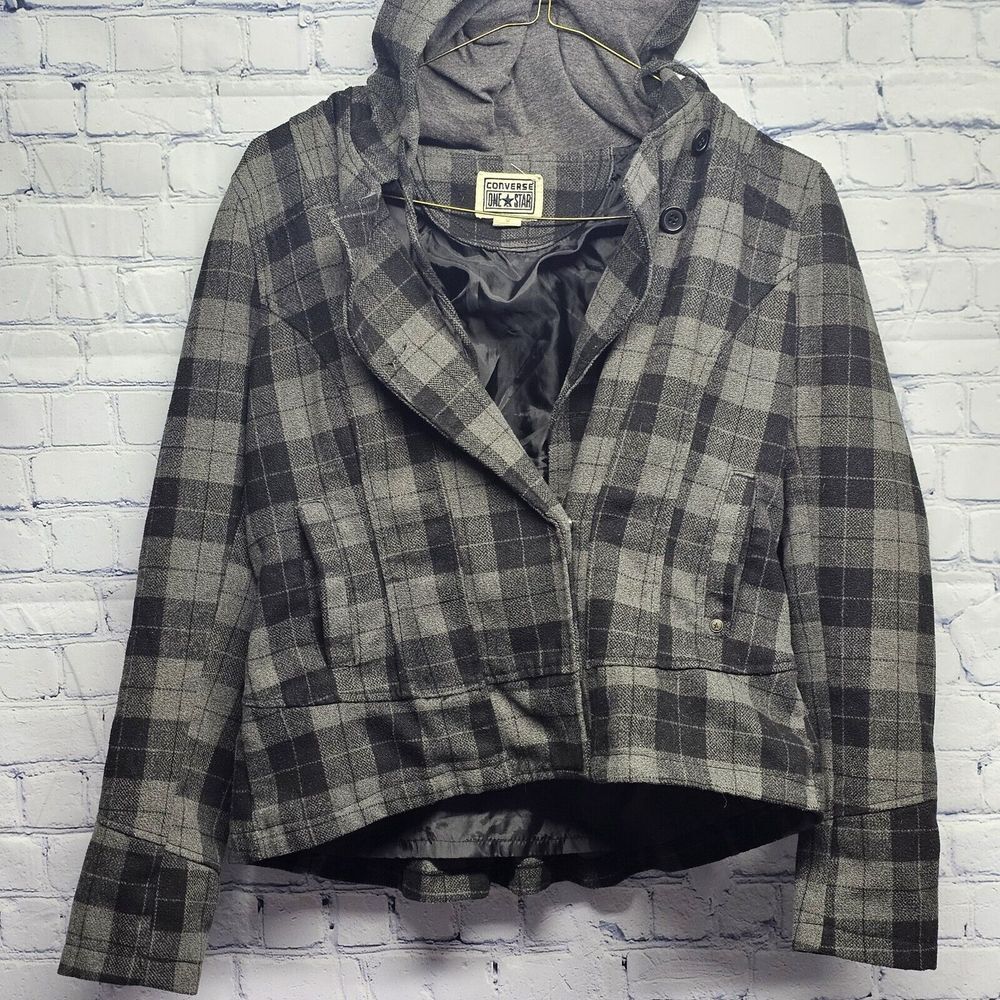 Converse Skate Board Black & Gray Plaid Hooded Jacket Peacoat Womens Medium